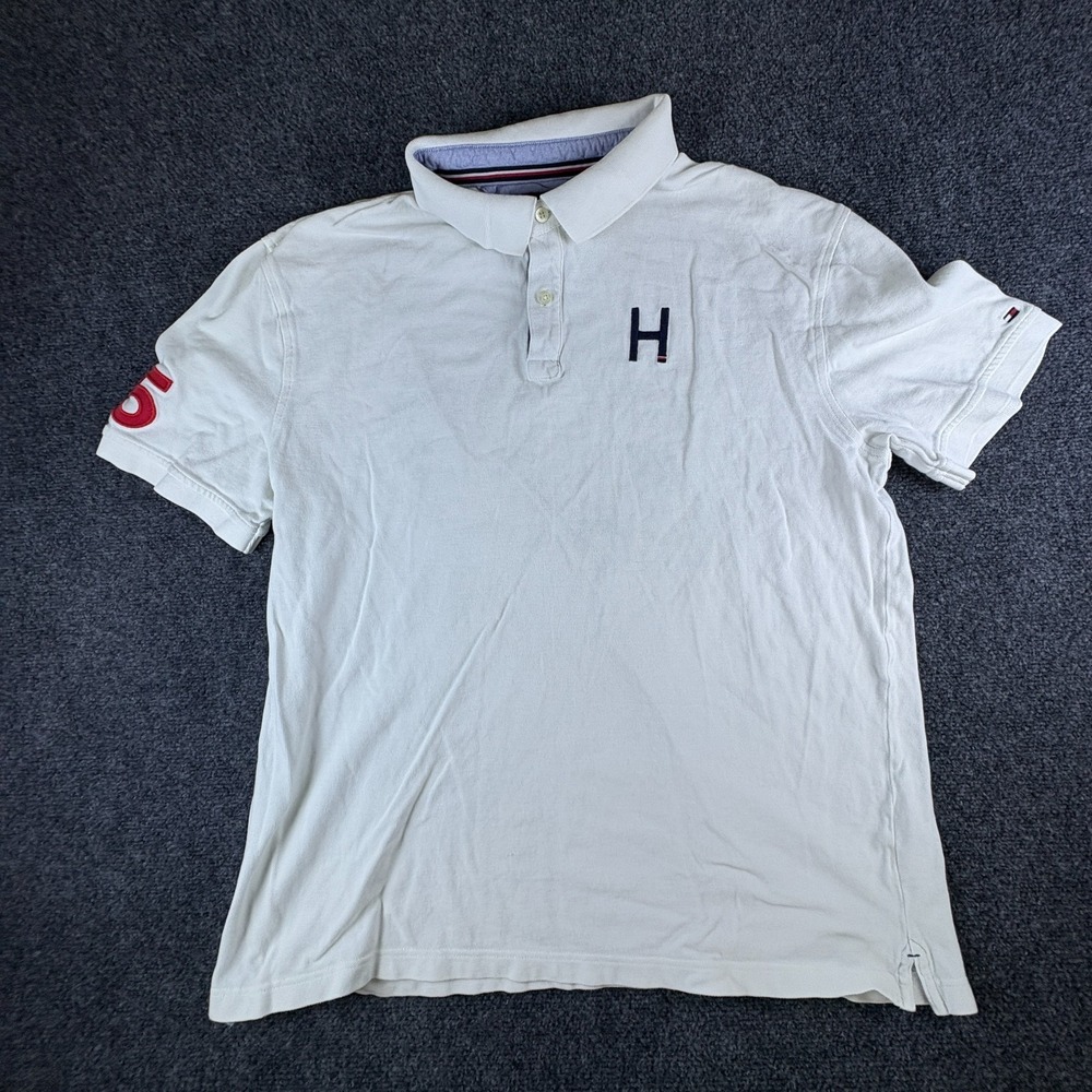 Tommy Hilfiger Polo Shirt Mens 2XL White Logo Cotton Custom Fit Performance Golf